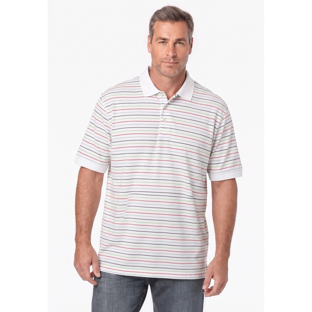 Lands End Mens XL Multi-Color Striped Short Sleeve Polo Shirt White Pique Knit